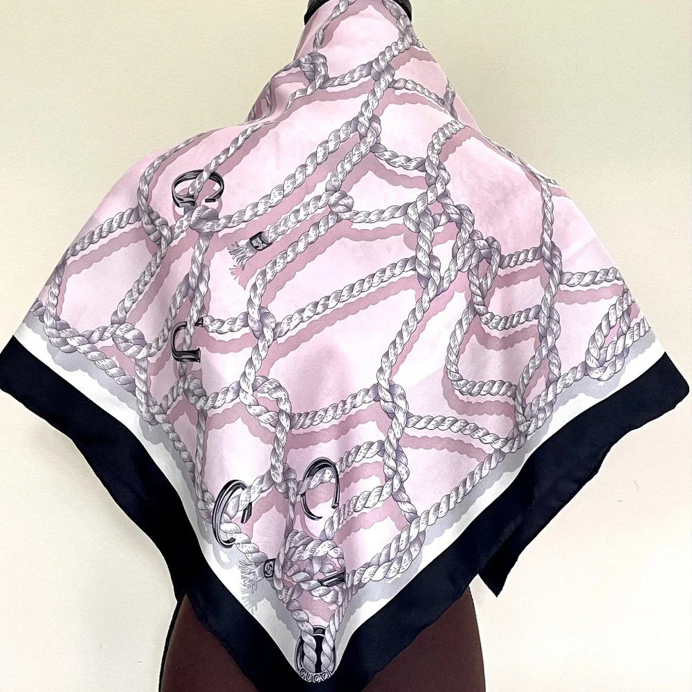 New Gucci Silk Scarf Pink Ropes Print Black Border Silk Wrap Scarf - Picture 7 of 15
